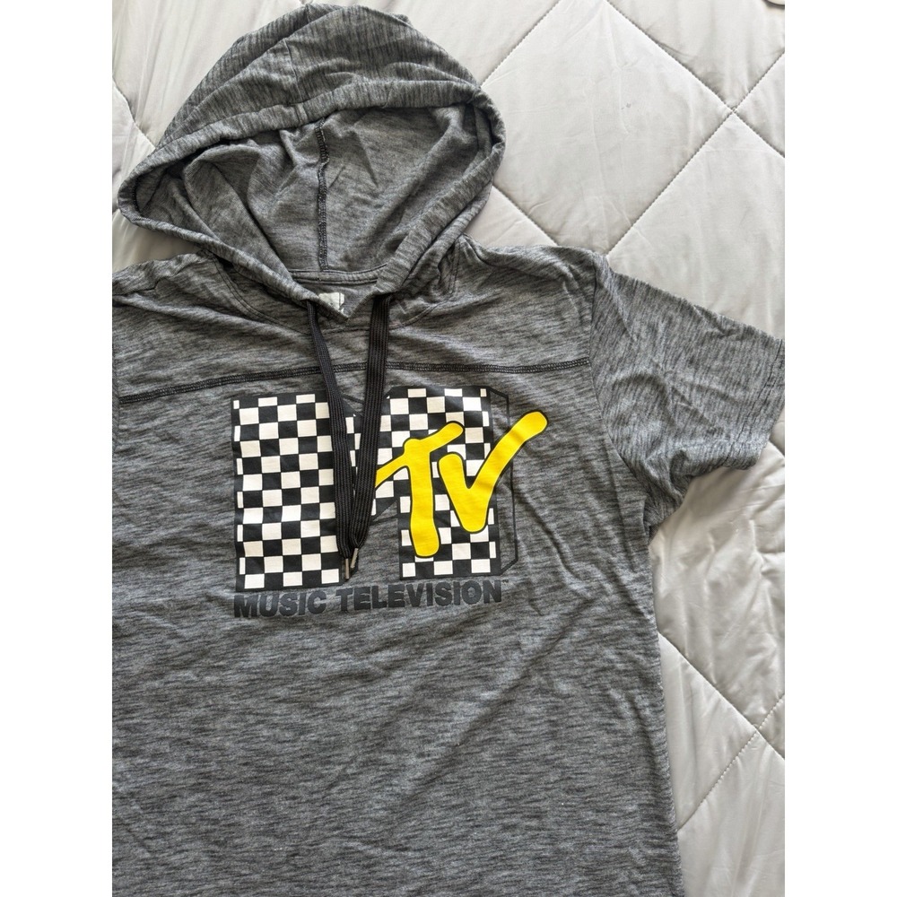 MTV Music Television Gray Heather Short Sleeve Graphic Hoodie T-Shirt Large rare